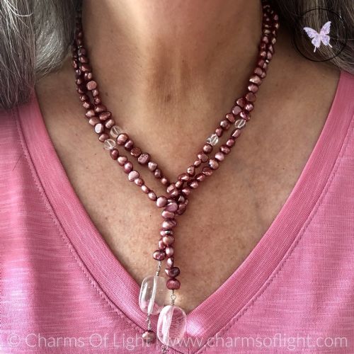 Pearl & Clear Quartz Lariat Necklace (Burgundy)